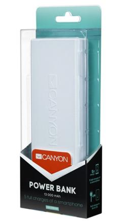 CANYON powerbanka 13000 mAh, LI-Ion, micro USB input5V/2A a 2 x USB output 5V/2A (max.), bílá