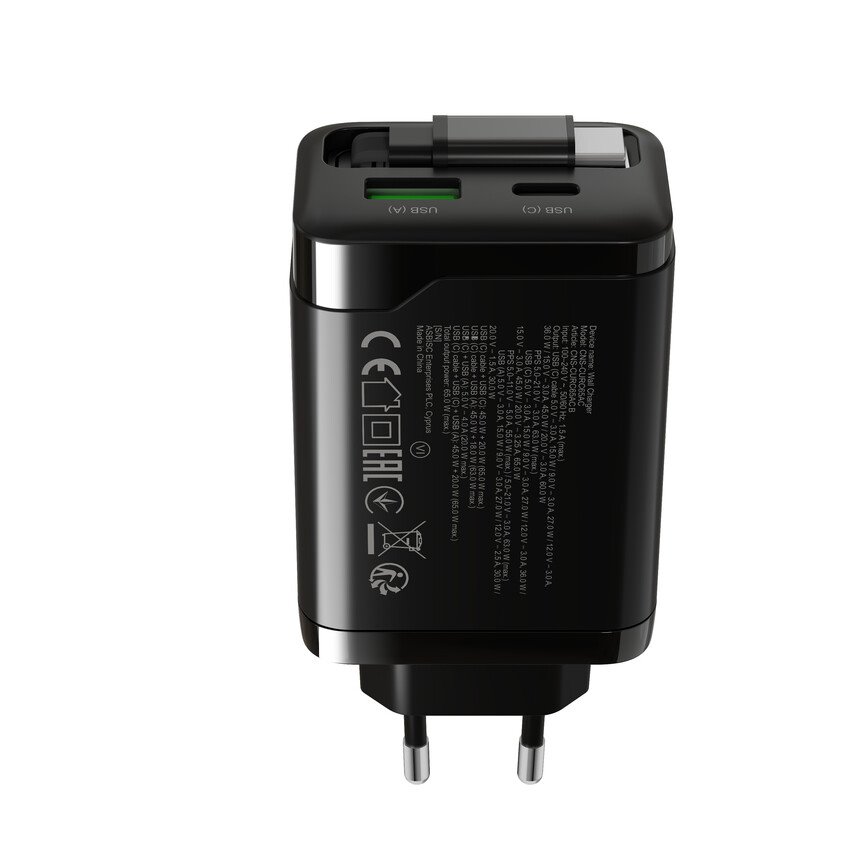 CANYON charger OnCharge 65RC Build-In Cable USB-C 65W 1xPD 1xQC EU Black