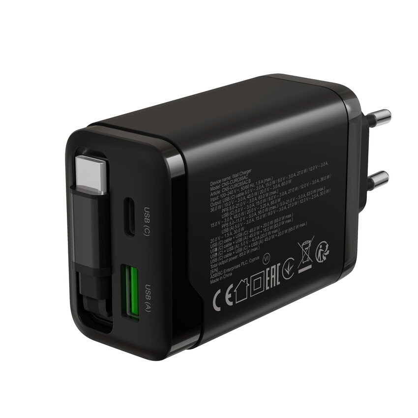 CANYON charger OnCharge 65RC Build-In Cable USB-C 65W 1xPD 1xQC EU Black
