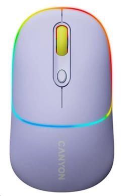 CANYON myš optická bezdrátová MW-22, RGB, 800/1200/1600 dpi, 4 tl, BT+2,4GHz, baterie 650mAh, mountain lavender