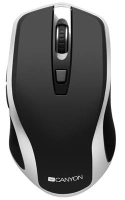 CANYON optická silent myš s bezdrátovým nabíjením, senzor Pixart, rozlišení 800/1200/1600DPI, 6 tlačítek, černo-stříbrná