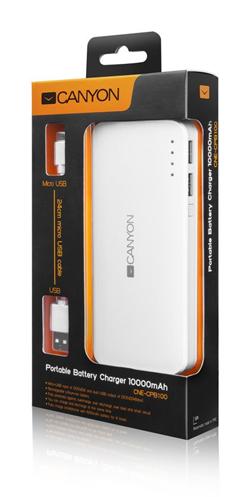 CANYON powerbanka 10000 mAh, micro USB input 5V/2A, USB output 5V/2A (max.), bílá