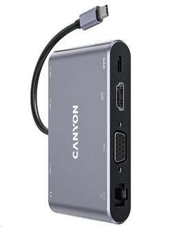 CANYON replikátor portů DS-14 8v1, 1xUSB-C PD 100W, 1xHDMI (4K), VGA, 3xUSB-A 3.0, RJ45 Gb, 3.5mm jack