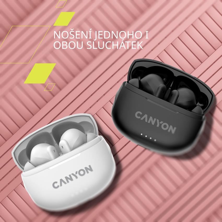 CANYON TWS-8 BT sluchátka s mikrofonem, BT V5.3 JL 6976D4, pouzdro 470mAh+40mAh až 32h, bílá
