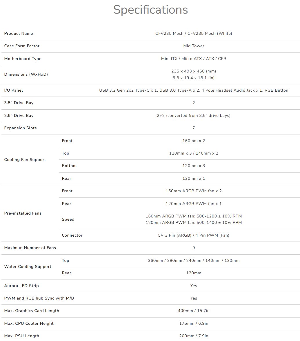 COUGAR PC skříň CFV235 Black Mid Tower Mesh