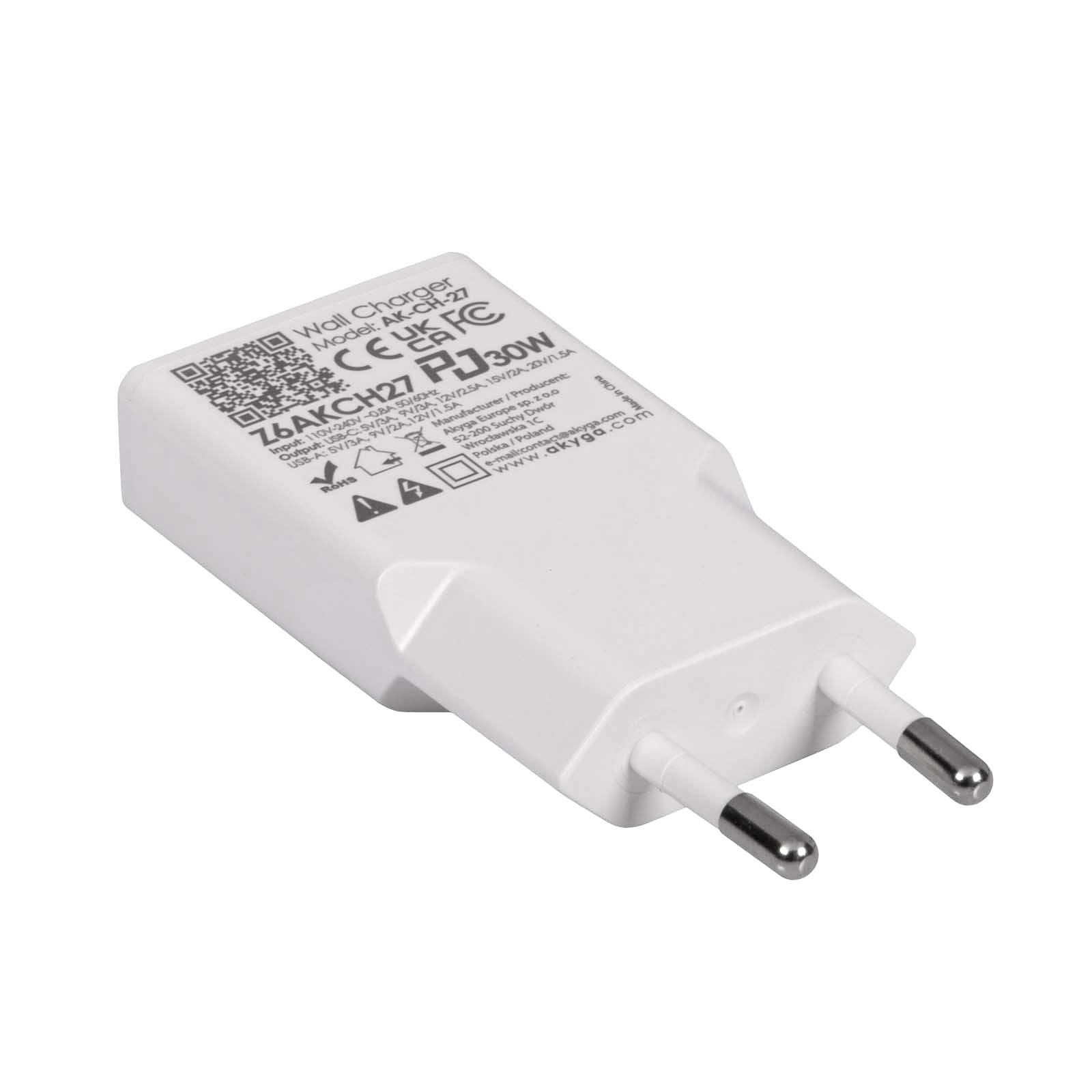 Akyga USB Nabíječka AK-CH-27 USB-A + USB-C PD 5-20V / max. 3A 30W Quick Charge 3.0 GaN