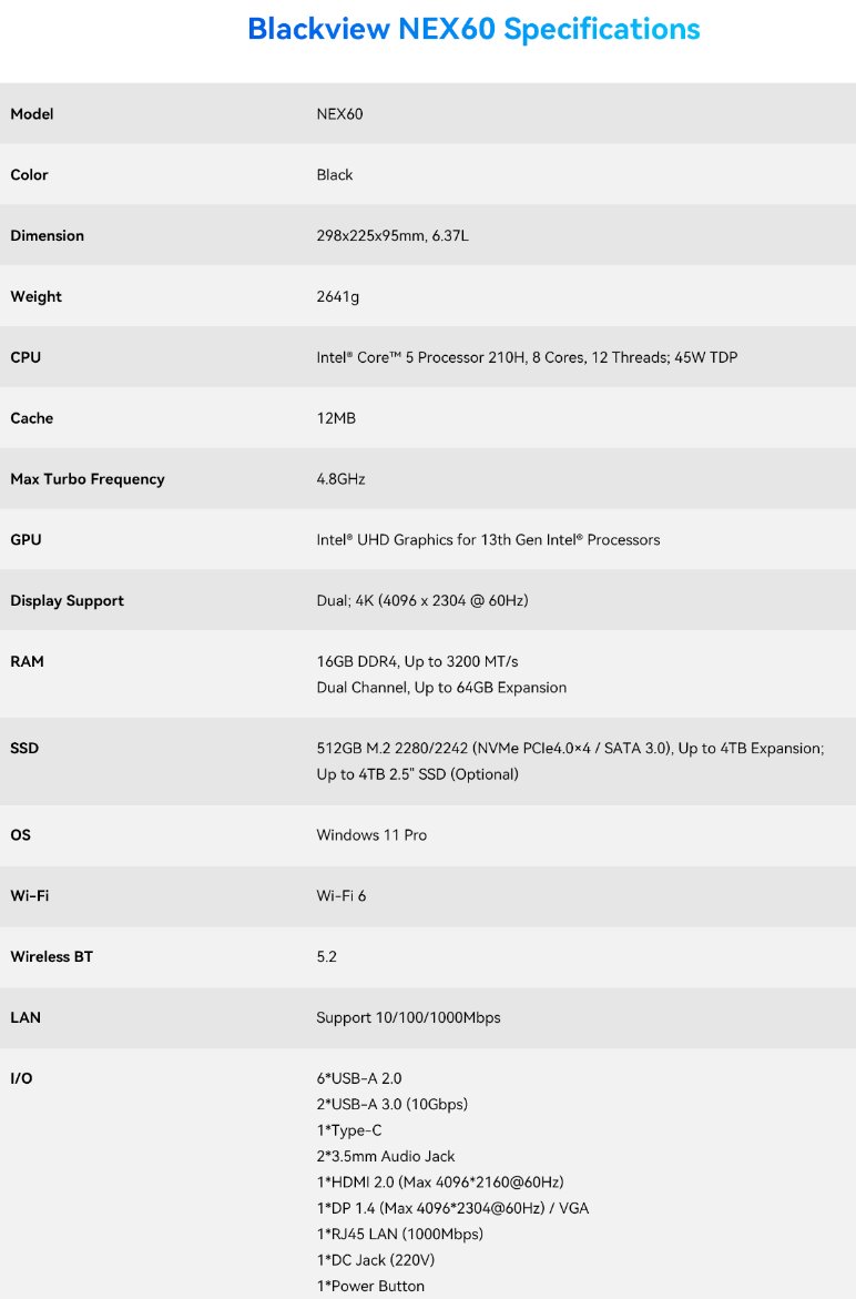 BLACKVIEW Desktop NEX60 i5-210H 4.8HGz 16/512GB,WiFi6,BT5.2,1xUSB-C,RJ45,8xUSB,1xVGA,1xDP1.4,1xHDMI 2.0,2x3.5mm,Win11Pro