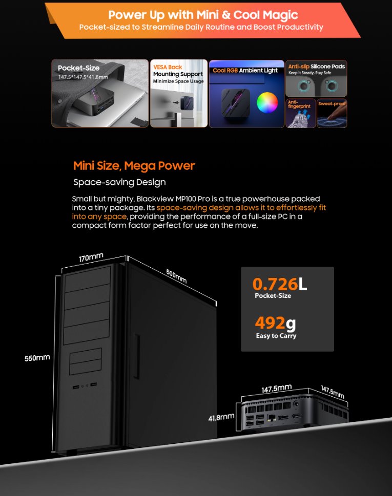 BLACKVIEW miniPC MP100 Pro i5-12450H 4.4GHz 16/512GB,WiFi 6,BT 5.2,RJ45,1xUSB-C,6xUSB 3.1,1xPD,1xHDMI,1xDP,jack,Win11Pro