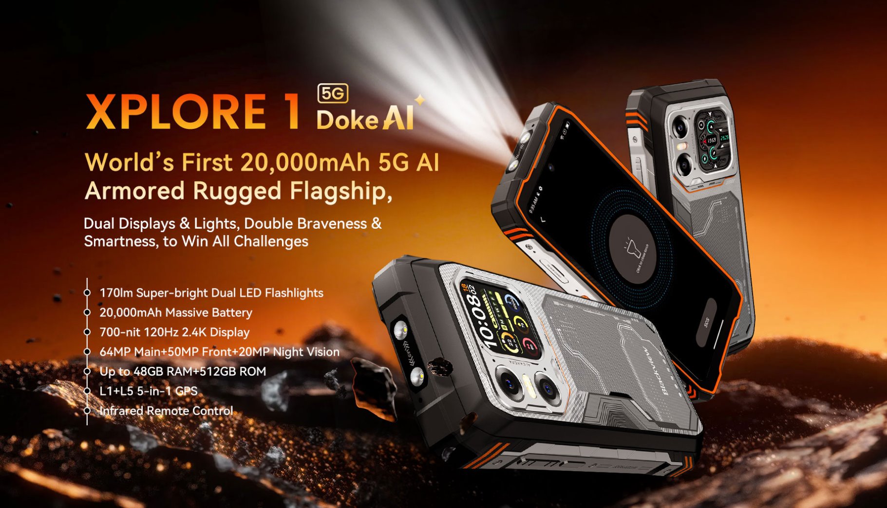 BLACKVIEW Rugged XPLORE 1 5G Rugged 6.78",FHD 2460x1080,12+256GB,Octa-core 2.4Ghz,50+64MP+20MP,Night,20000mAh,Android 15