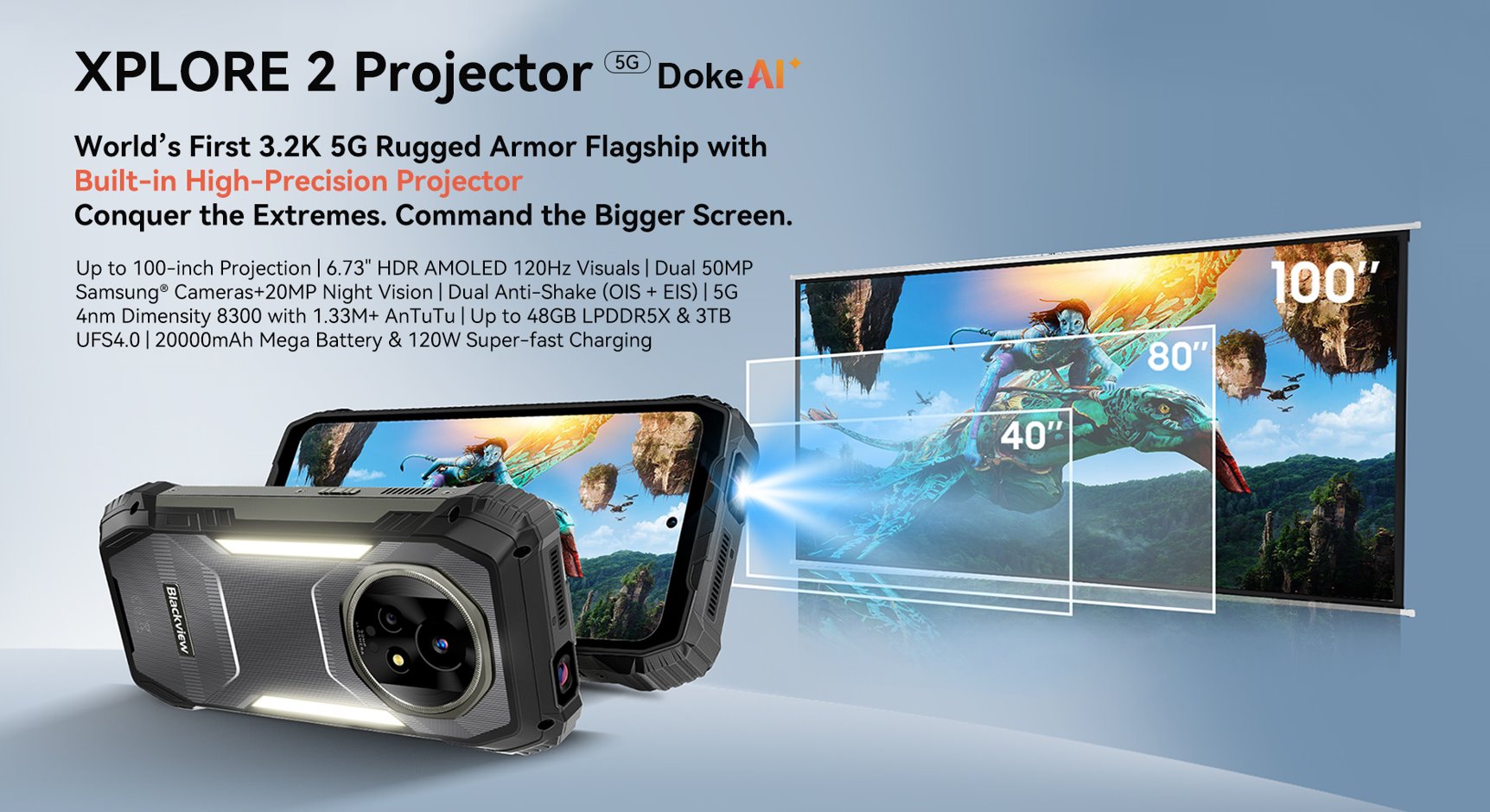 BLACKVIEW Rugged XPLORE 2 Projector BLACK,6.73" AMOLED 3200x1440 120Hz 12/256Gb MT 8300 Octa-Core 3.35GHz,50+20MP,NightV