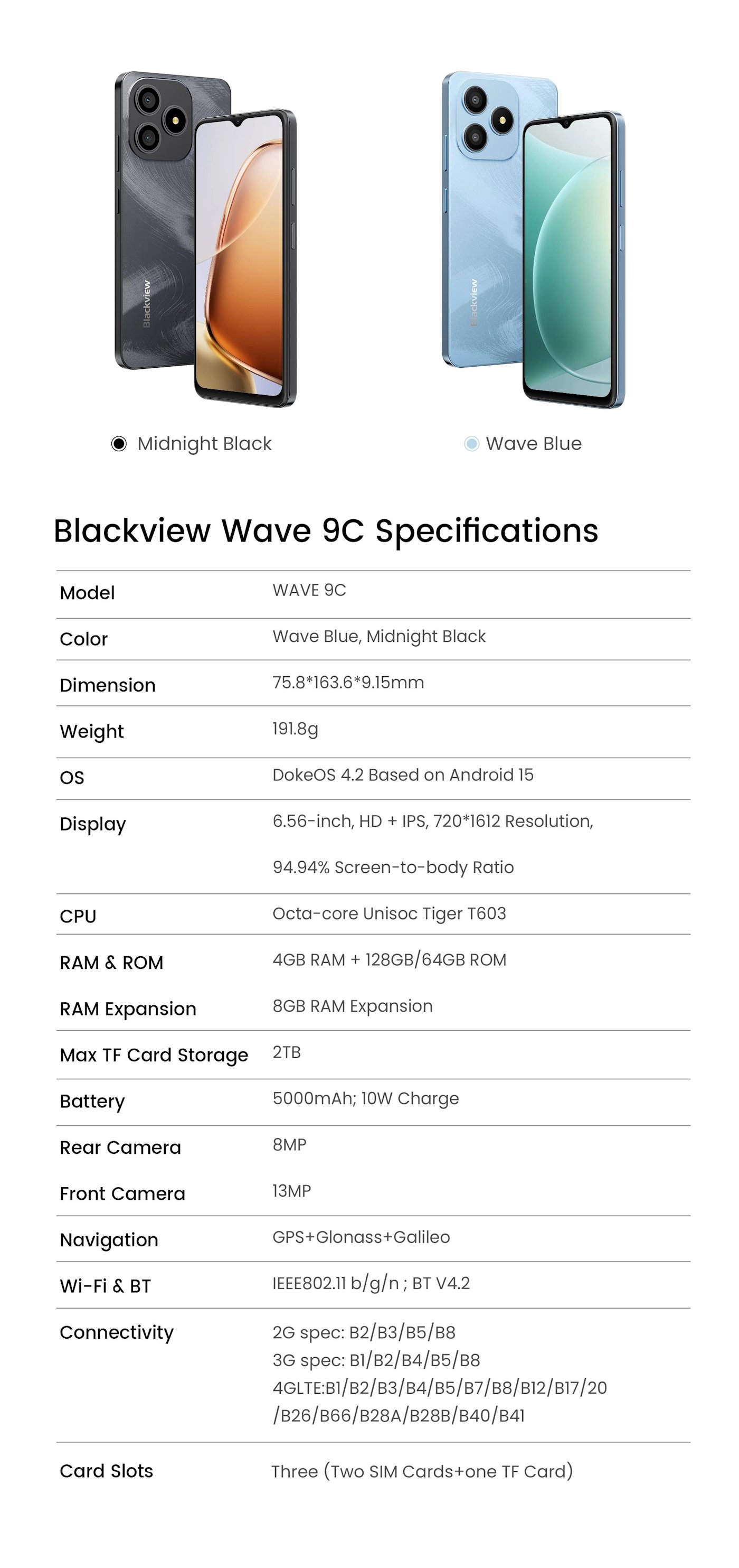 BLACKVIEW WAVE 9C LTE 6.56" BLACK,HD IPS 720x1612,4+64GB, T603 Octa Core 1.6GHz,8MP/13MP,5000mAh,Android 15