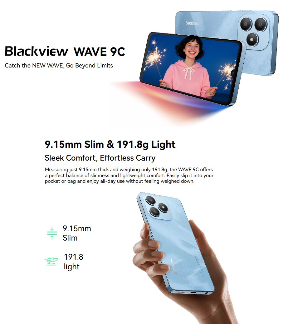 BLACKVIEW WAVE 9C LTE 6.56" BLACK,HD IPS 720x1612,4+64GB, T603 Octa Core 1.6GHz,8MP/13MP,5000mAh,Android 15