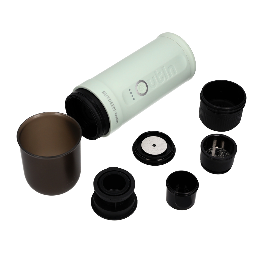 BUYDEEM Přenosné espresso Outin Nano - jemně zelená, 80 ml, 20 bar, 92°C ohřátí vody, mletá káva nebo kapsle