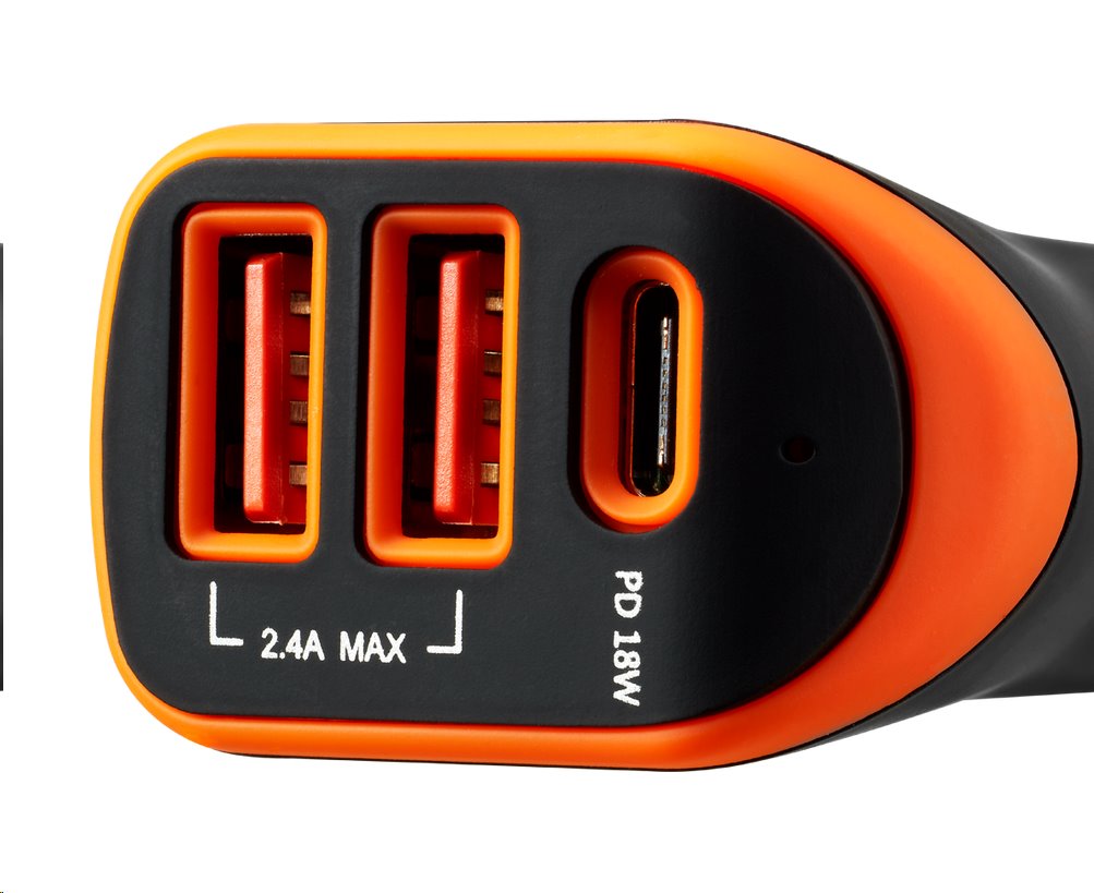 CANYON auto nabíječka C-08, 1xUSB-C (PD 18W) + 2xUSB-A, vstup 12V-24V,výstup 5V-2.4A, Smart IC,CE,RoHS - černo oranžová