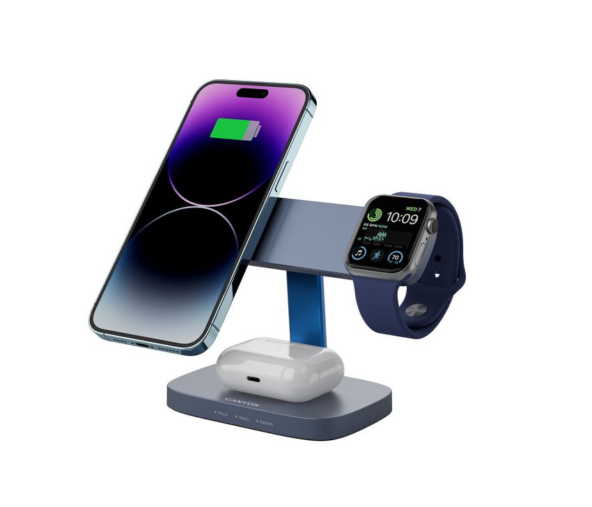 CANYON Bezdrátová nabíječka HEXAGON WCS-310 3in1 DarkGrey/Blue