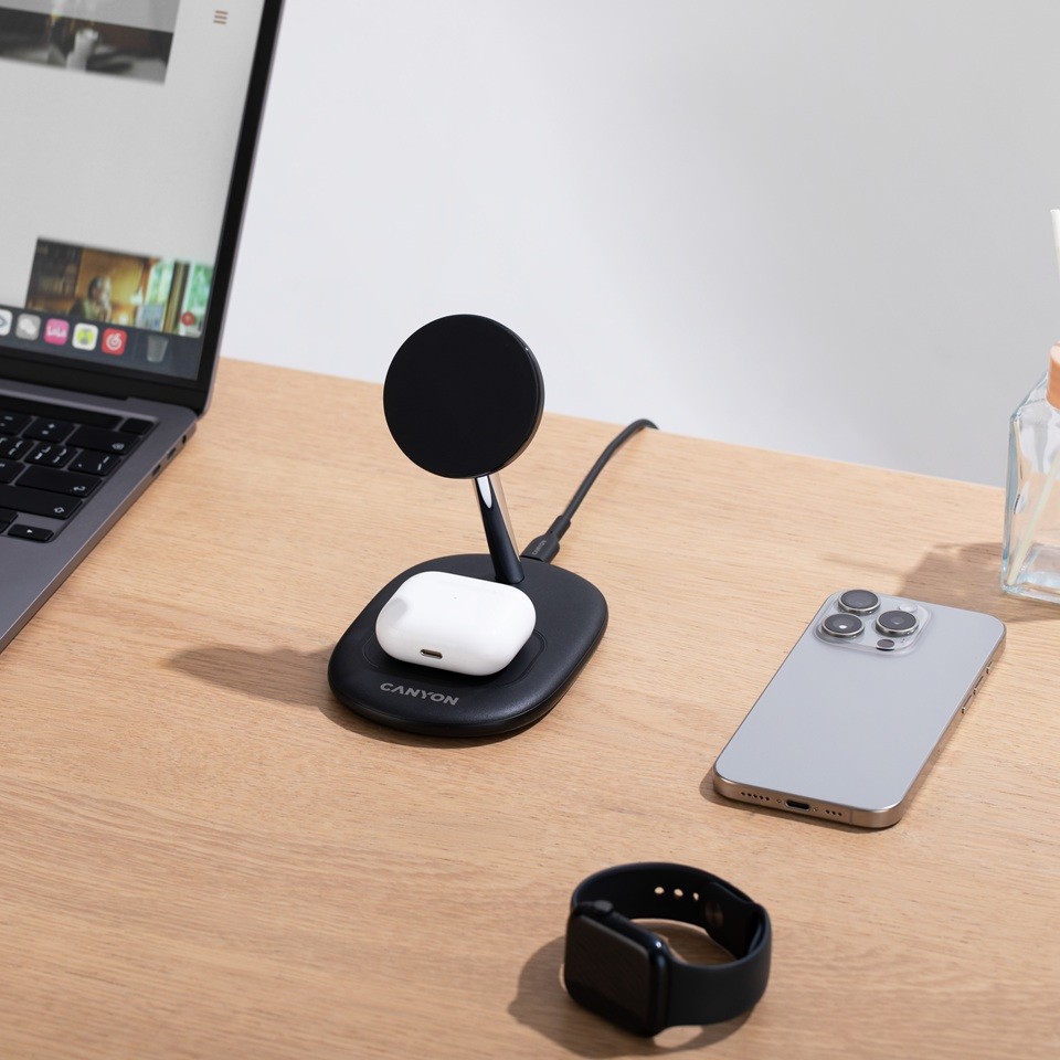 CANYON Bezdrátová nabíječka WCS-205 15W Qi2 2in1 Black