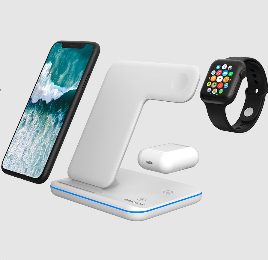 CANYON Bezdrátová nabíječka WS-303W,3v1,vstup 9V/2A,12V/2A,výstup 15/10/7.5/5W, USB-C > USB-A, vč. AC adaptéru,bílá