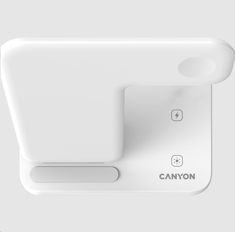 CANYON Bezdrátová nabíječka WS-303W,3v1,vstup 9V/2A,12V/2A,výstup 15/10/7.5/5W, USB-C > USB-A, vč. AC adaptéru,bílá