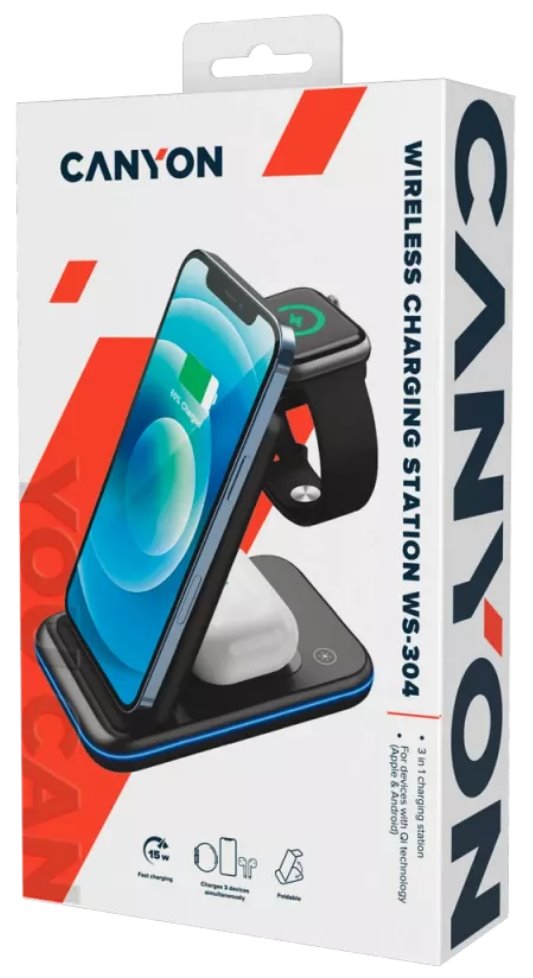 Canyon Bezdrátová nabíječka WS-304 BL, QC18W, 3v1