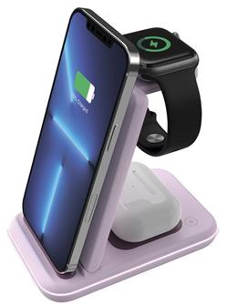 CANYON Bezdrátová nabíječka WS-304 IP, QC18W, 3v1, vstup 9V/2A, 12V/1.5A, výstup 15W/10W/7.5W/5W,Type C to USB-A, růžová