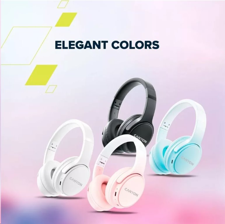 CANYON bezdrátová sluchátka OnRiff 4, BT 5.3, USB-C, baterie 500 mAh, mic., 40mm měniče, růžové