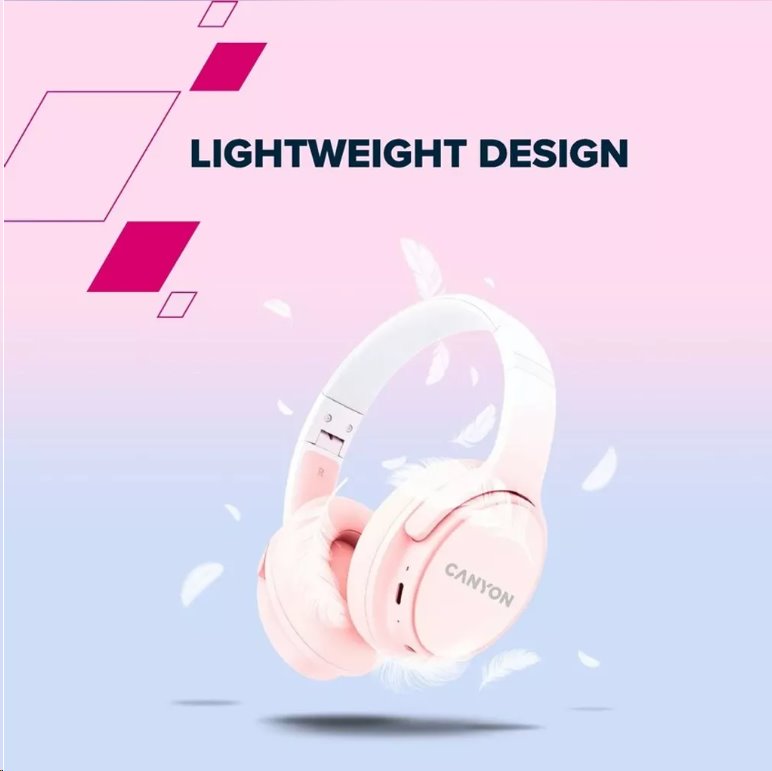 CANYON bezdrátová sluchátka OnRiff 4, BT 5.3, USB-C, baterie 500 mAh, mic., 40mm měniče, růžové
