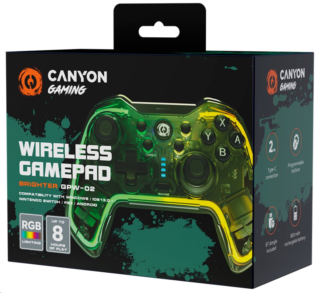 CANYON Bezdrátový gamepad GPW-02 RGB 5v1 (PS3, Nintendo Switch, iOS 13.0, Android, PC)