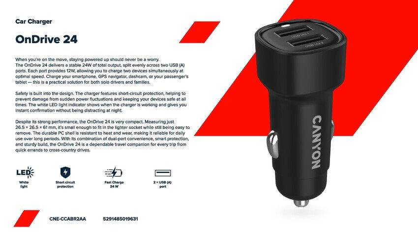 CANYON car charger OnDrive 24 24W 2xUSB-A Black