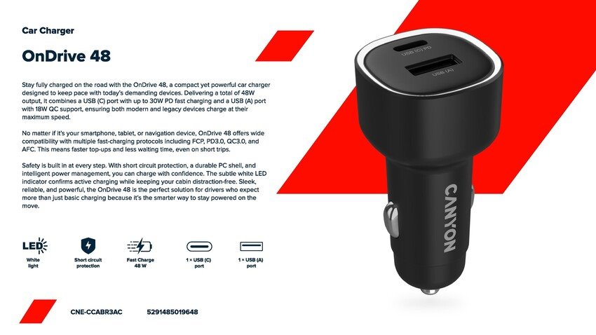 CANYON car charger OnDrive 48 PD 48W USB-A+USB-C Black