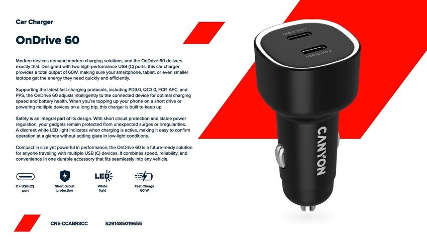 CANYON car charger OnDrive 60 PD 60W 2xUSB-C Black