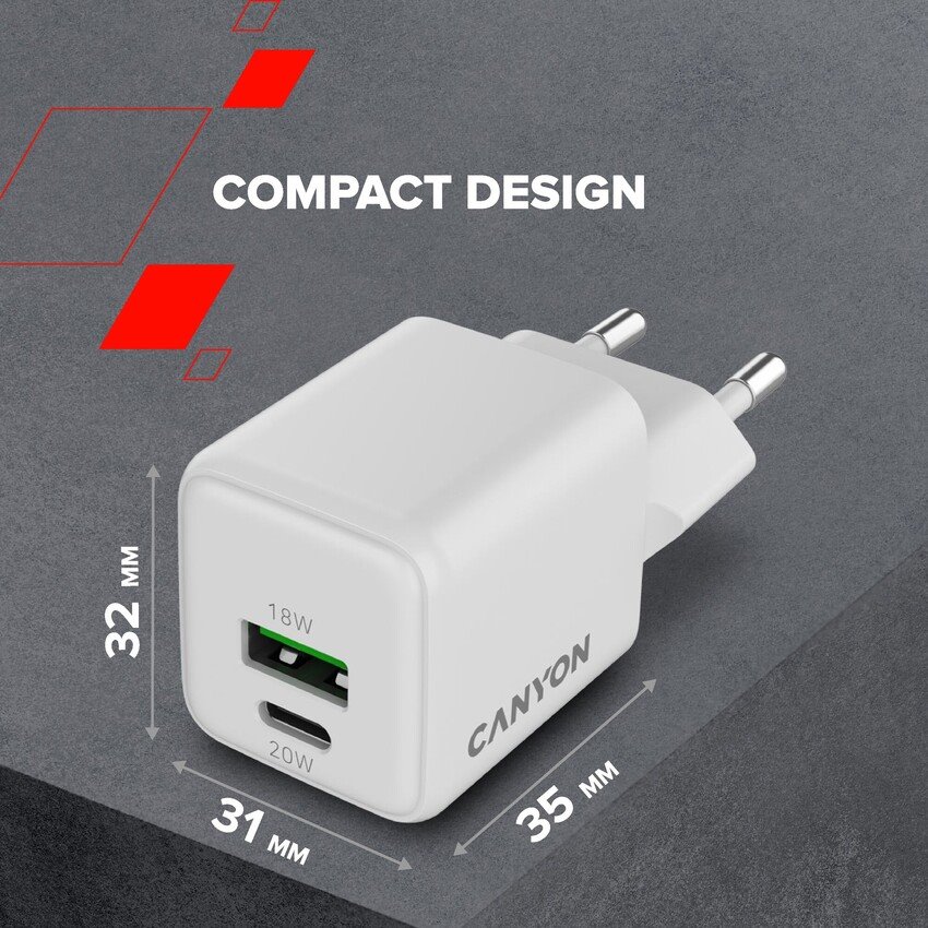 CANYON charger CU20AC GaN 20W 1xPD 1xQC EU White
