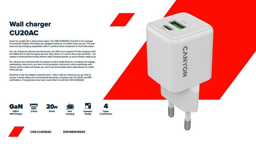 CANYON charger CU20AC GaN 20W 1xPD 1xQC EU White