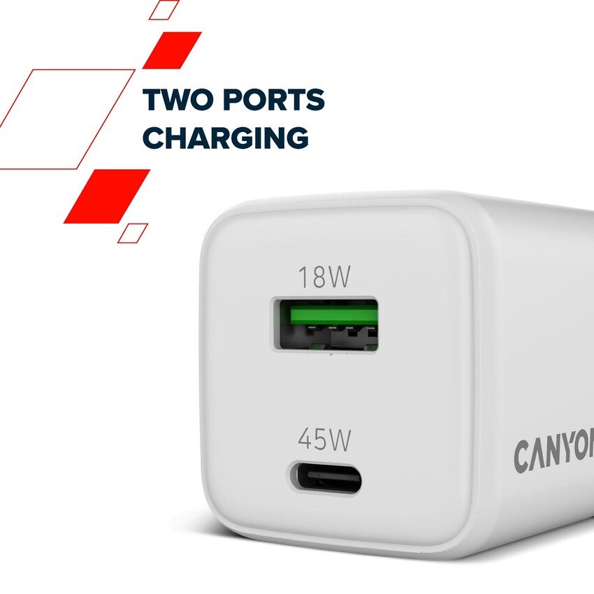 CANYON charger CU45AC GaN 45W 1xPD 1xQC EU White