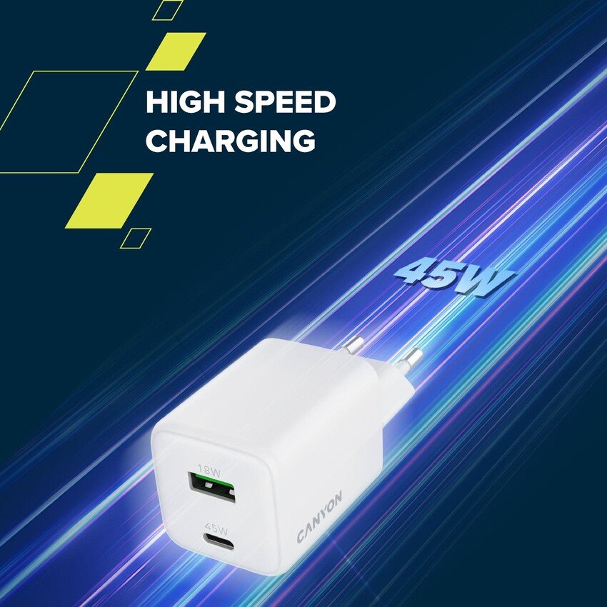 CANYON charger CU45AC GaN 45W 1xPD 1xQC EU White