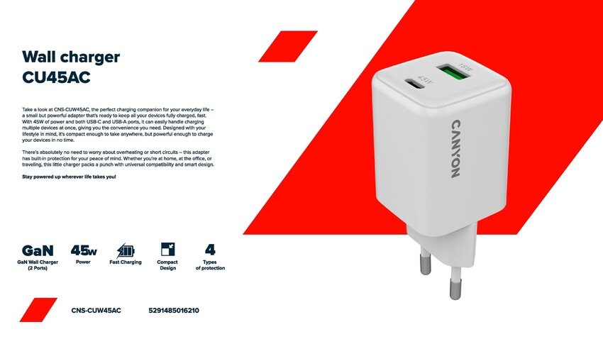CANYON charger CU45AC GaN 45W 1xPD 1xQC EU White