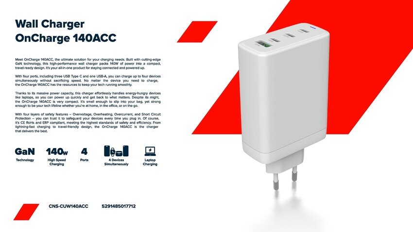 CANYON charger CUW140ACC GaN 150W 3xPD 1xQC EU White