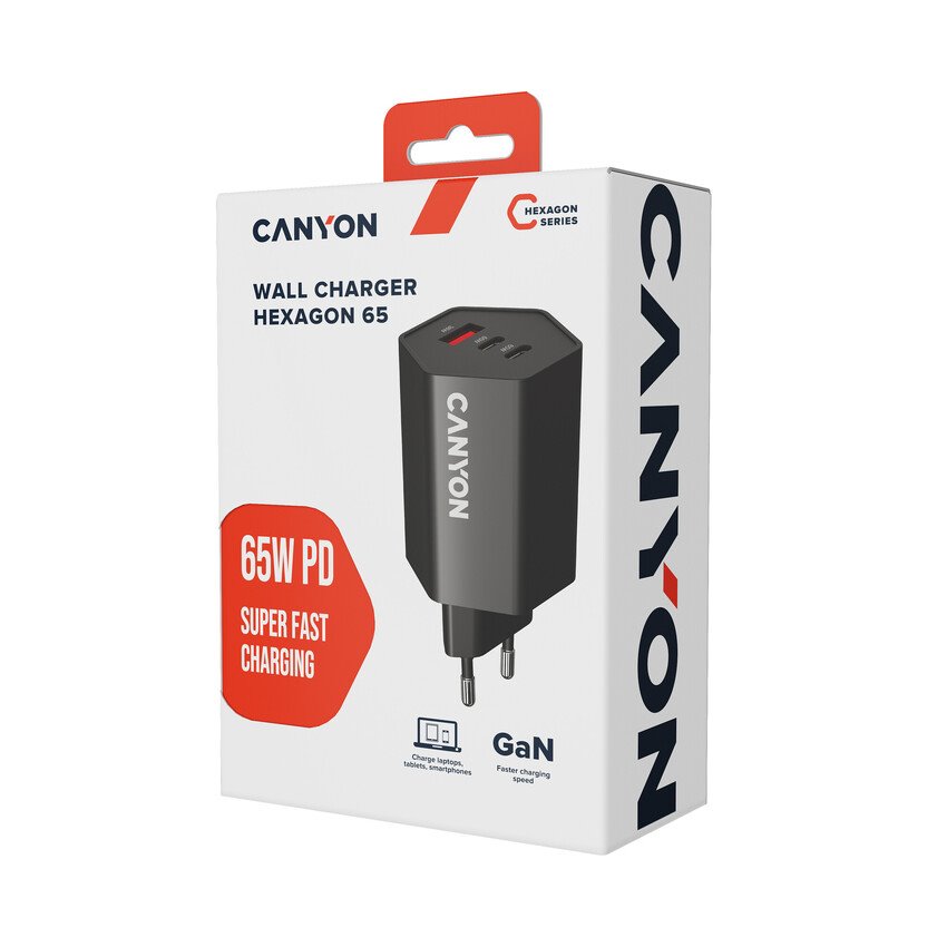 CANYON charger HEXAGON 65 GaN 65W 2xPD 1xQC EU Black