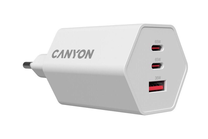 CANYON charger HEXAGON 65 GaN 65W 2xPD 1xQC EU White