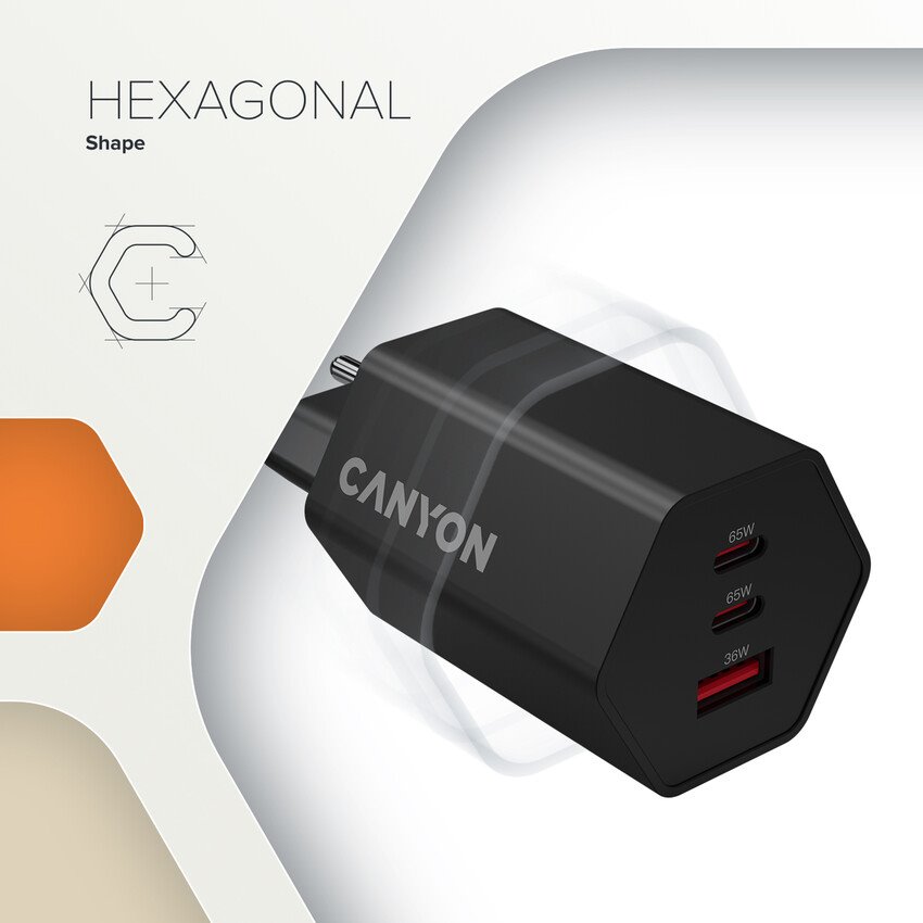 CANYON charger HEXAGON 65 GaN 65W 2xPD 1xQC EU White