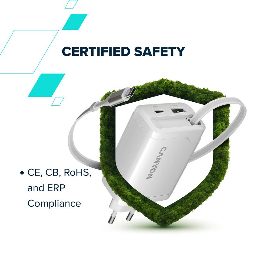 CANYON charger OnCharge 65RC Build-In Cable USB-C 65W 1xPD 1xQC EU White