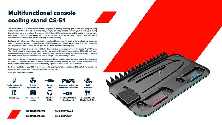 CANYON CS-51 chladící stojan pro PS5 Slim/PS5 Pro s RGB, nabíjecí, Black