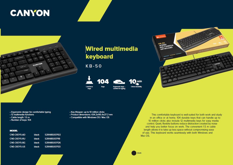 CANYON klasická USB klávesnice, omývatelná, černá