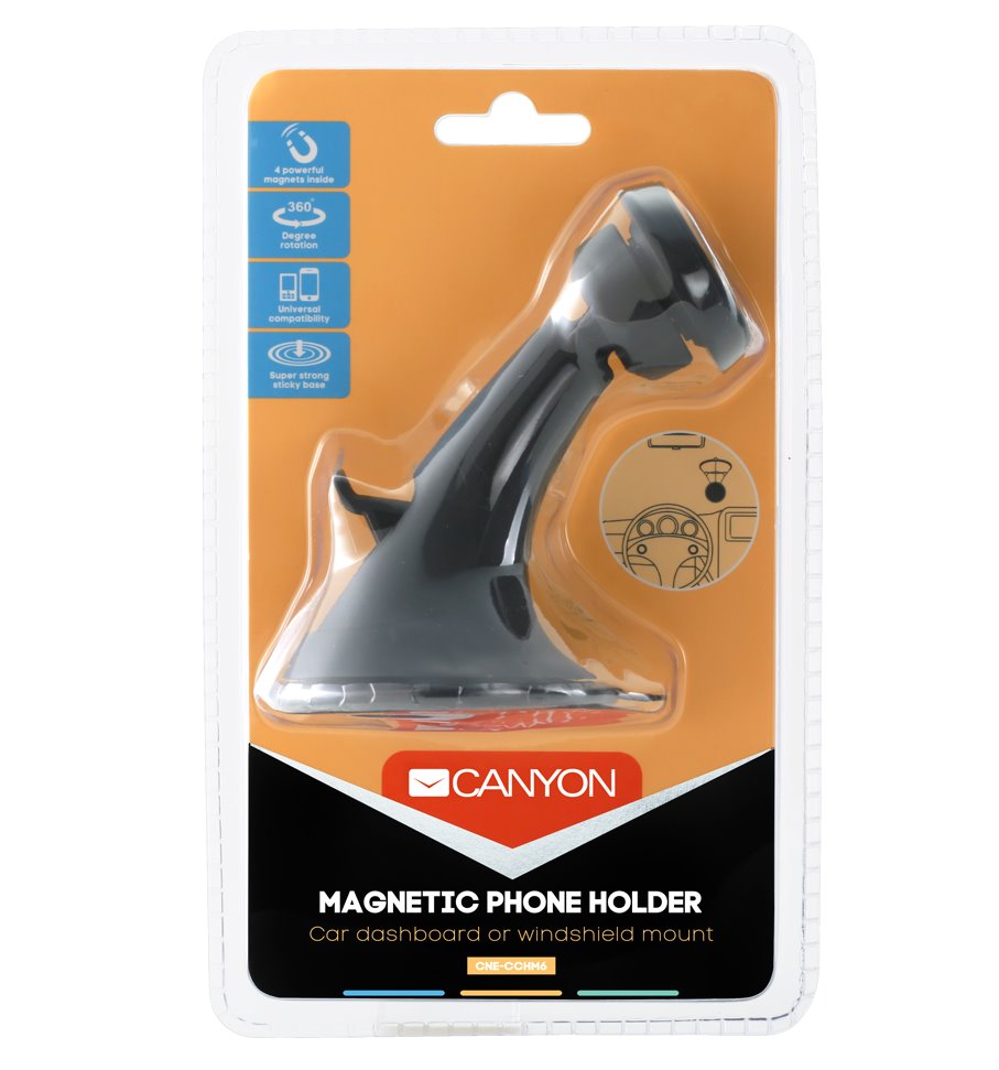 CANYON držák na telefon do auta, magnetický, na palubní desku nebo čelní sklo, 2 plíšky v balení, černá