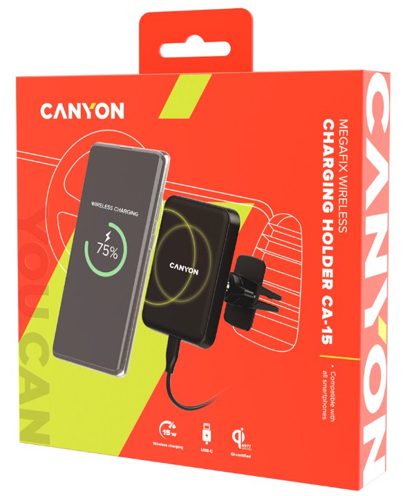 CANYON držák telefonu do ventilace auta MegaFix CA-15, Qi, magnetický, wireless nabíjení, PD 15W, USB-C