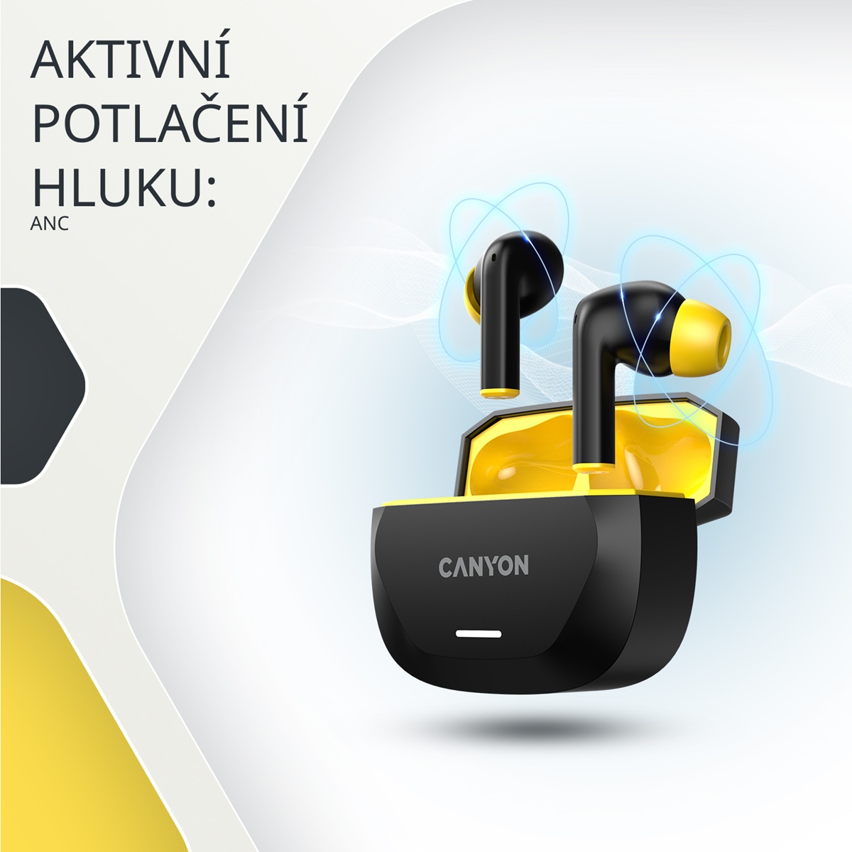 CANYON headset HEXAGON 7 TWS ANC+ENC Wireless Charge Black Yellow