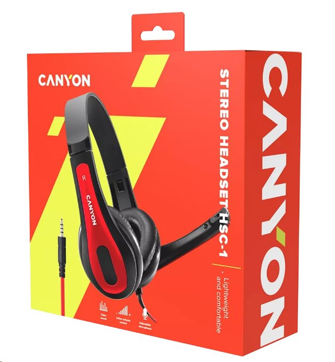CANYON headset HSC-1, lehký, 3,5 mm jack TRRS, černo-červená