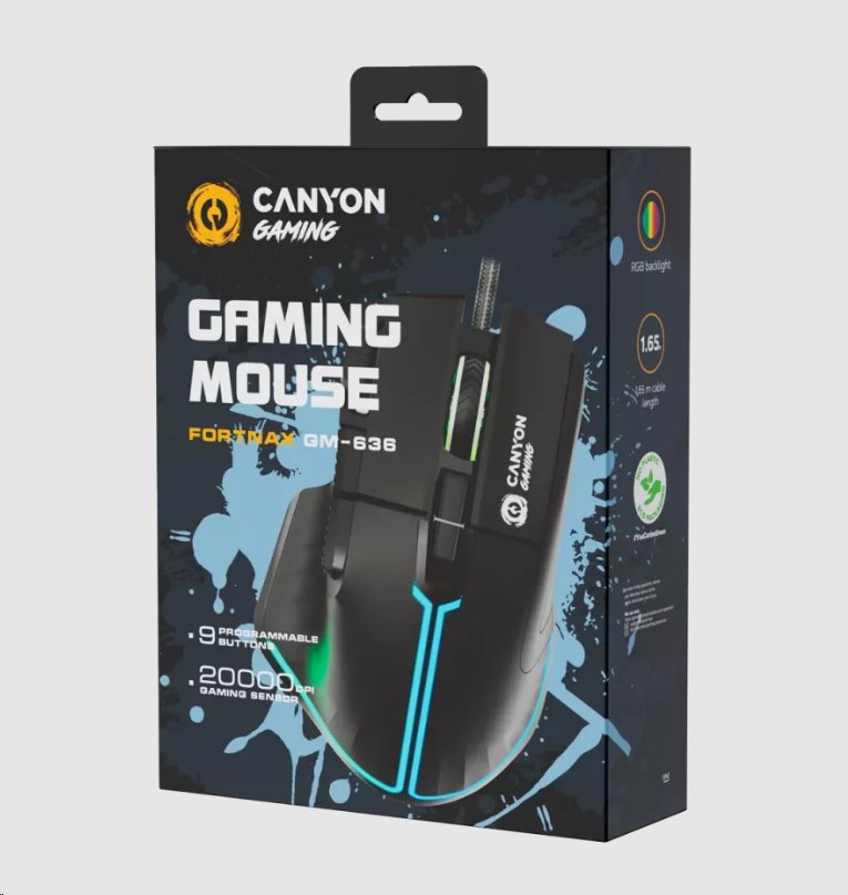 CANYON Herní drátová myš Fortnax GM-636, optická, RGB, až 20 000 DPI, 9tl. programovatelných, černá