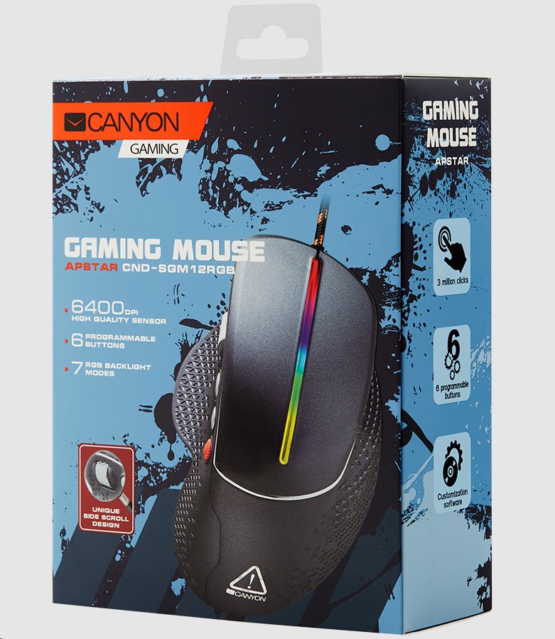 CANYON Herní myš APSTAR, 6 programovatelných tlačítek, senzor Sunplus, až 6400 DPI, opletený kabel,RGB podsvícení, šedá