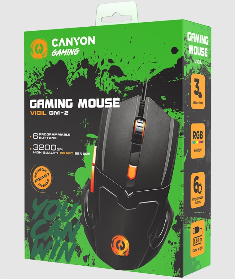 CANYON Herní myš VIGIL, 6 programovatelných tlačítek, senzor Pixart, až 3200 DPI, černá