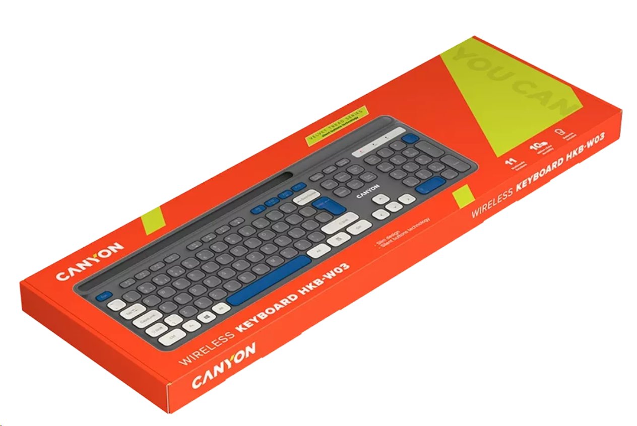 CANYON HKB-W03 bezdrátová CS klávesnice 2,4 Ghz, 105 kláves, 10 mil. stisků, šedá